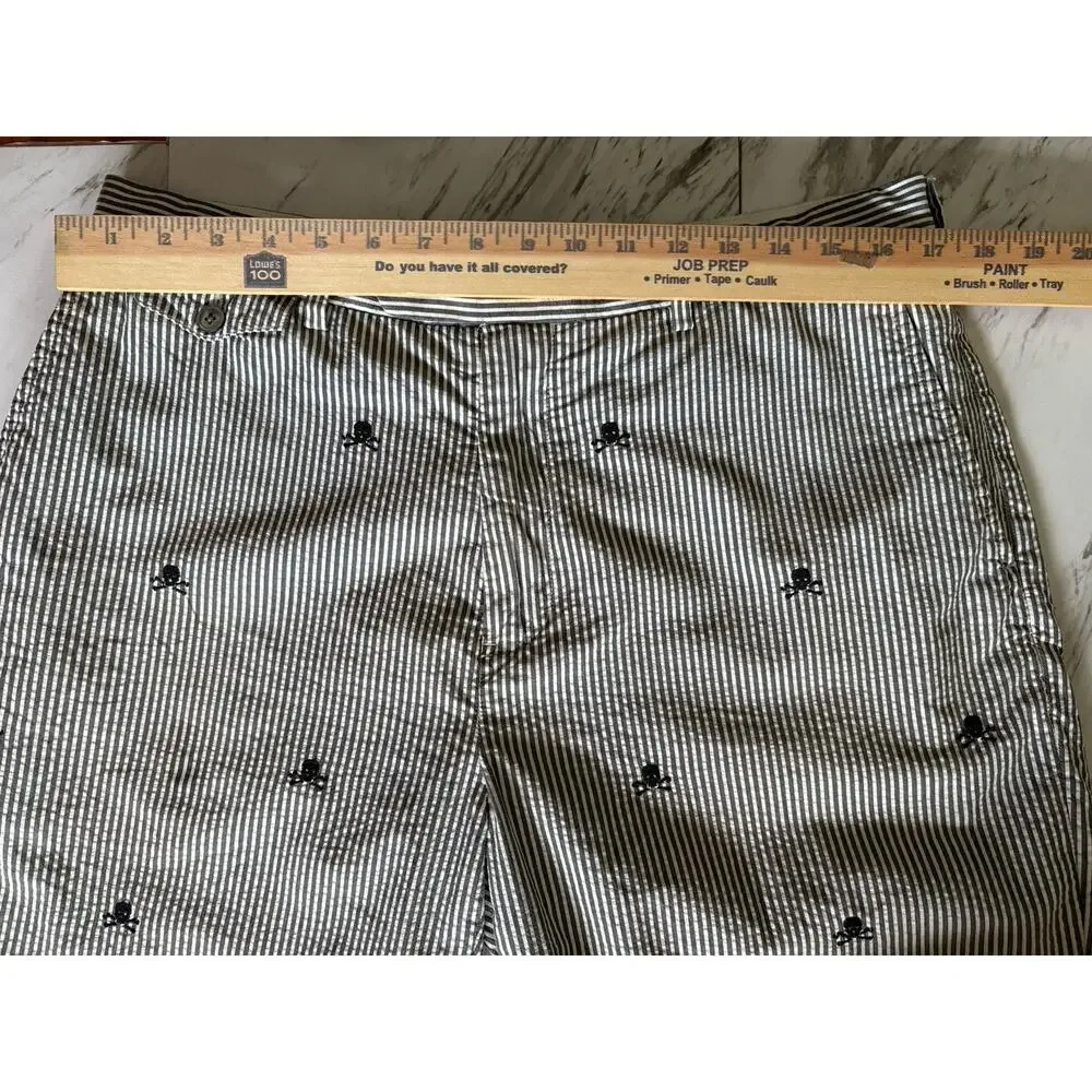 Ralph Lauren Rugby Y2K Skull‑Embroidered Grey Seersucker Shorts 9” — Men’s Sz 34